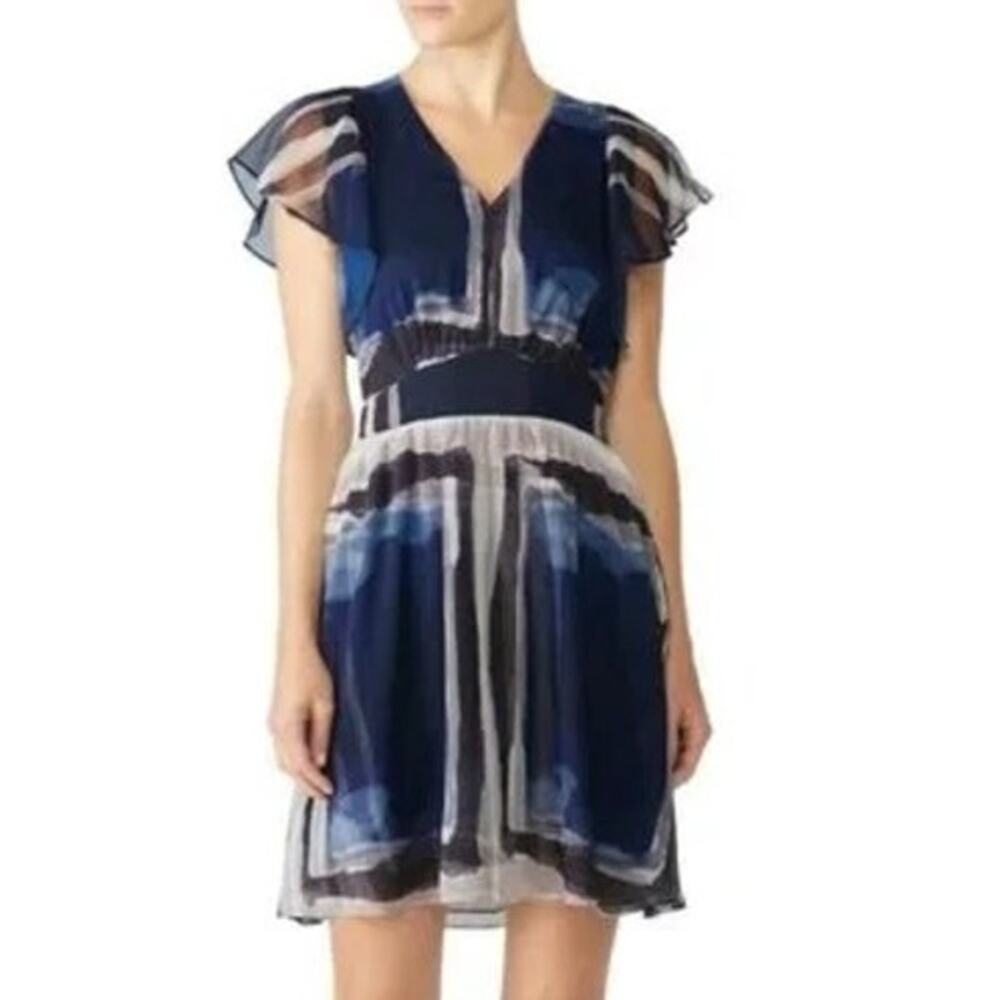 Slate & Willow Blue Printed Crepe Watercolor Short Sleeve Mini Dress 0 Blue Grey